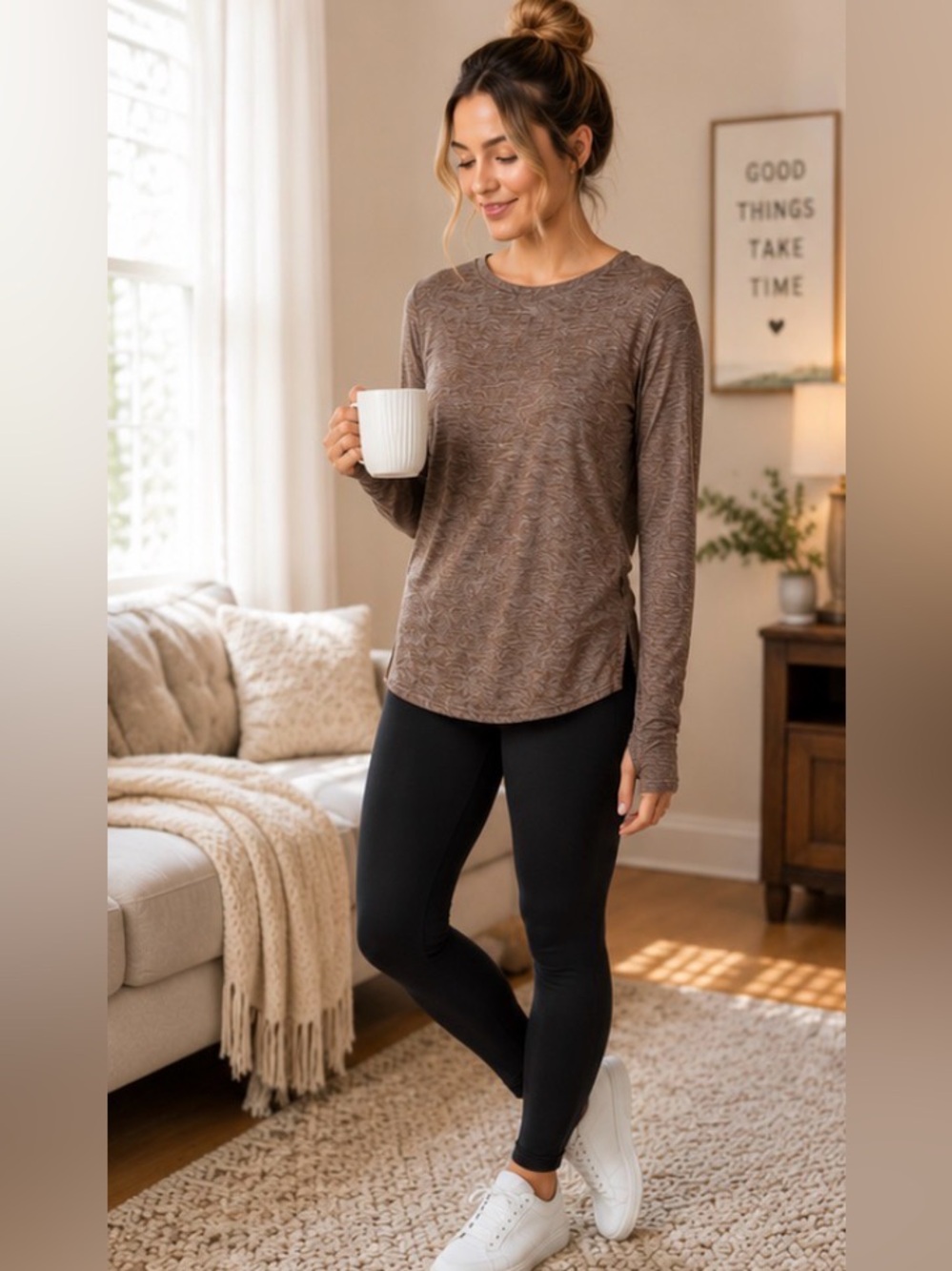 ⚡️420 JoyLab Cozy Stretch Long Sleeve Top XS Brown Relaxed Athleisure Loungewear